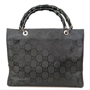 GUCCI GG Monogram Bamboo Handle Black Nylon Hand Bag!